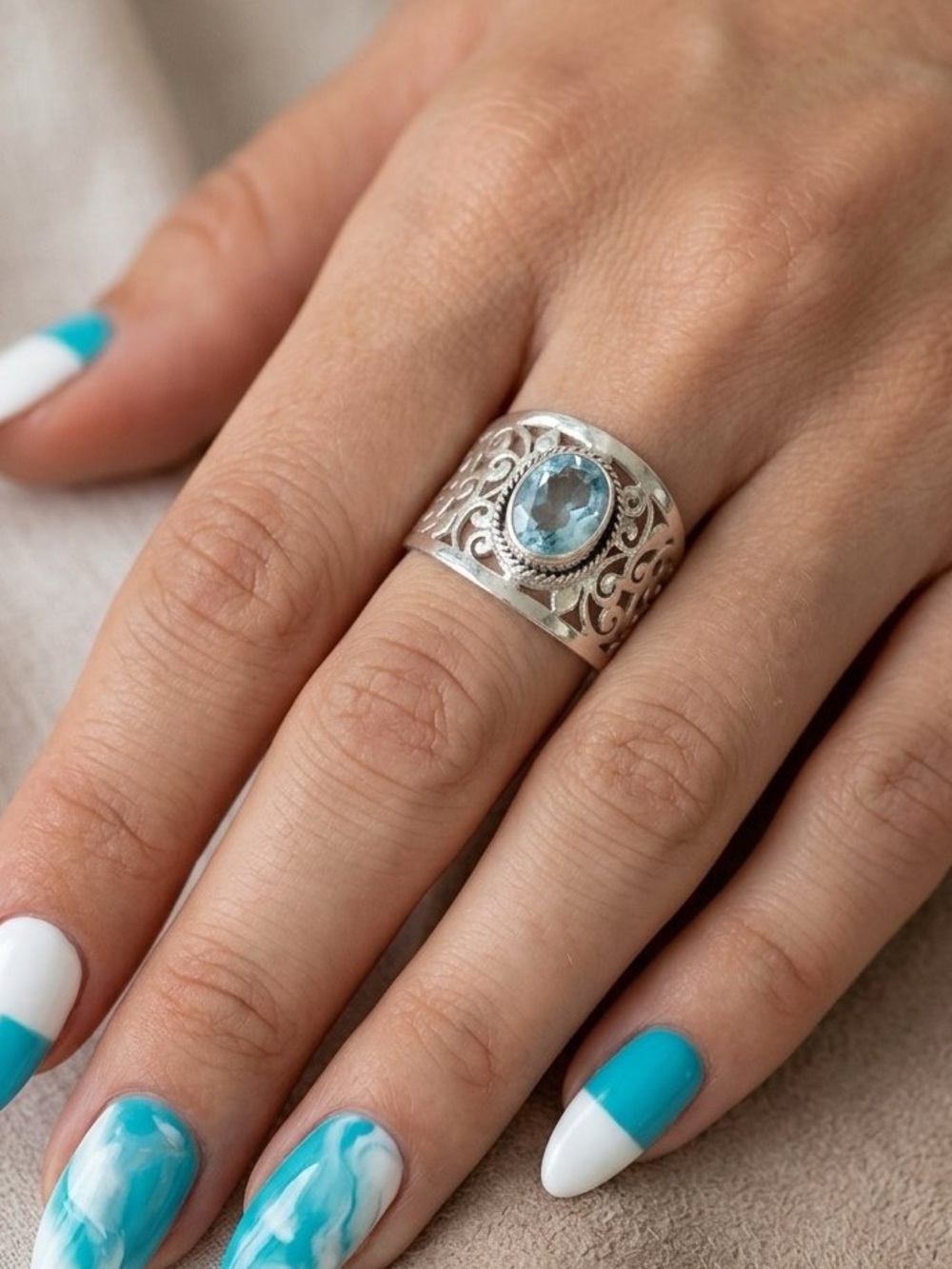 Boho Glam Vintage Filigree Wide Band Statement Ring Aquamarine Blue Western Chic